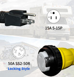 1.5FT RV 15A to 50A Pig-tail Power Adapter Cord 5-15P Male to Shore Power SS2-50R Receptacle Locking Female.