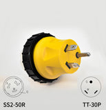 NEMA TT-30P to NEMA SS2-50R RV power adapter.