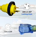 1.5FT RV Pigtail Shore Power 30A Male L5-30P to 5-15R Female 15A Dogbone Adapter