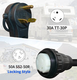 1.5FT RV 30A to Marine Shore 50A Pig-tail Power Adapter Cord TT-30P Male Plug to SS2-50R Female.